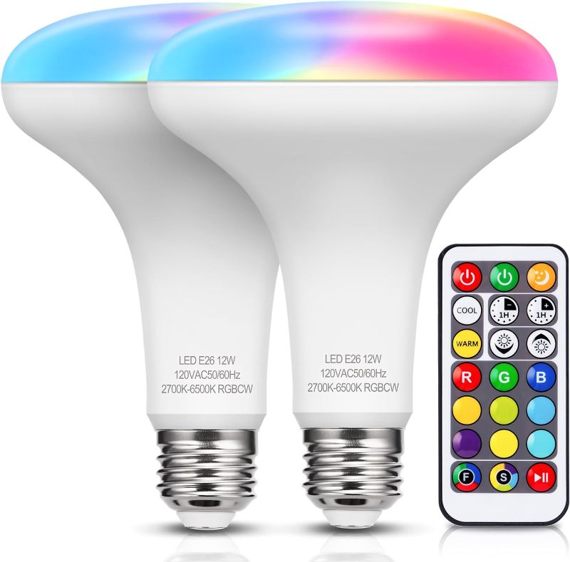 Photo 1 of JandCase BR30 Color Changing Light Bulb, RGB+Warm+Cool White LED Flood Lights, 12W(100W Equivalent), 1050lm, Remote Control, Dimmable Multi-Color Can Light Bulbs for Ceiling, E26 Base, 2 Pack
