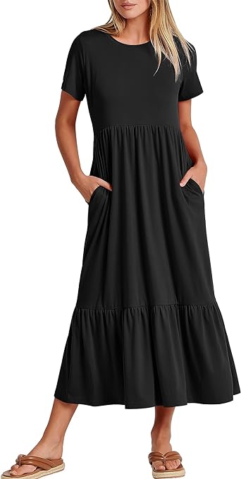 Photo 1 of ANRABESS Women Summer Casual Short Sleeve Crewneck Aline Swing Flowy Tiered Shirt Maxi Beach Long Dress 2024 Trendy Outfits
