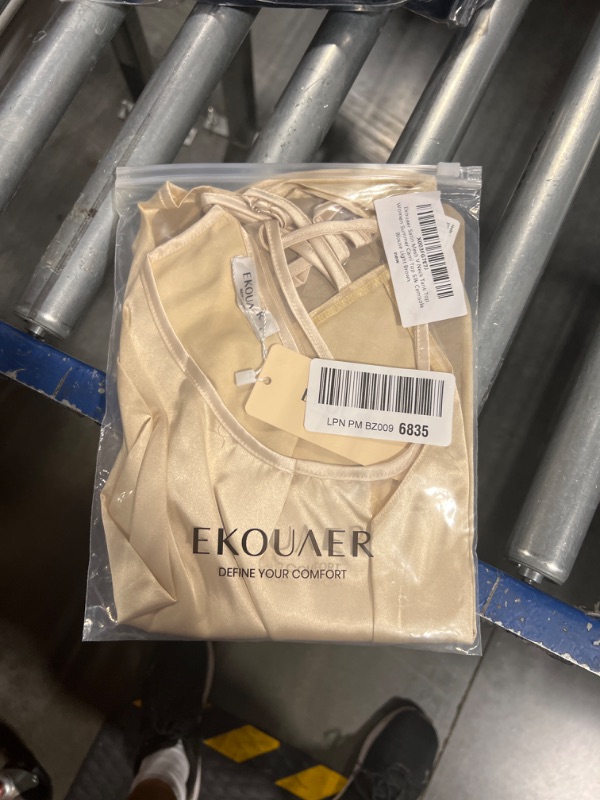 Photo 2 of Ekouaer Silk Tank Top for Women Mesh V Neck Satin Camisole Silky Sleeveless Tank Cami Shirt Light Brown Small