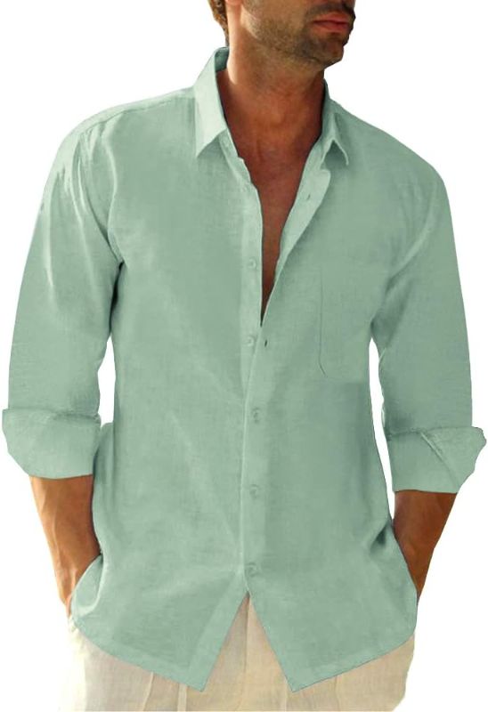 Photo 1 of Button Down Linen Shirts for Men Casual Long Sleeve Regular Fit Cotton Beach Shirts with Pocket (LARGE)