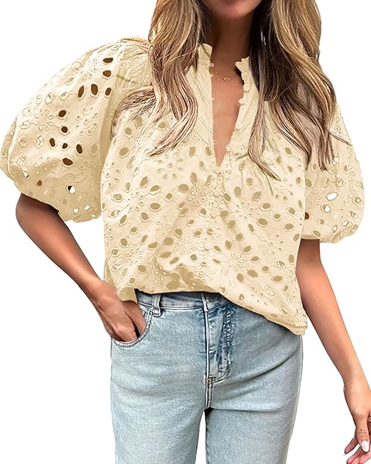 Photo 1 of BTFBM Women's Casual Summer Blouse Tops Hollow Out Eyelet Embroidery V Neck Buttons Puff Short Sleeve Dressy Boho Shirt (MEDIUM)