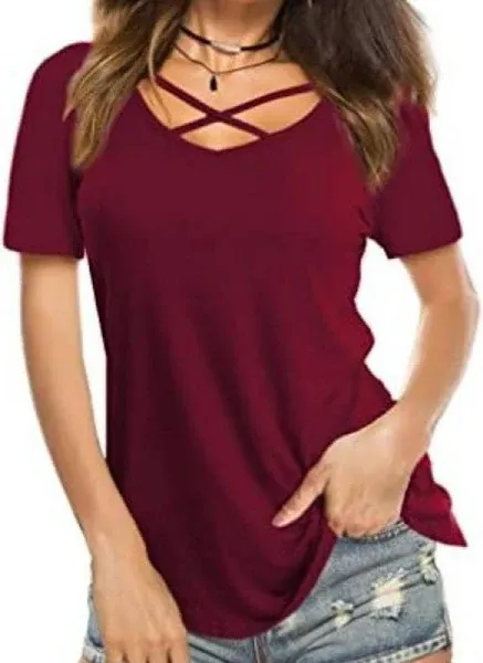 Photo 1 of Amoretu Women Casual V Neck Tops Short Sleeve Summer T Shirts Blouses (X-LARGE)