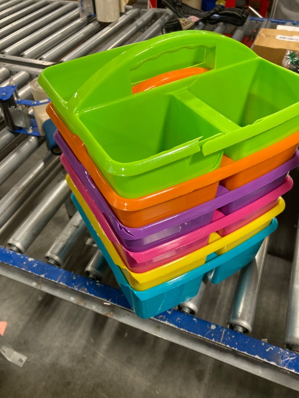 Photo 1 of Assorted Bright Colors Portable Plastic Storage Caddy 6-Pack for Classrooms, Kids Room, and Office Organization, (Lime, Orange, Pink, Purple, Teal, and Yellow) 3 Compartment