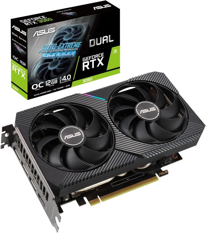 Photo 1 of ASUS Dual NVIDIA GeForce RTX 3060 V2 OC Edition 12GB GDDR6 Gaming Graphics Card (PCIe 4.0, 12GB GDDR6 Memory, HDMI 2.1, DisplayPort 1.4a, 2-Slot, Axial-tech Fan Design, 0dB Technology) RTX 30 Series Dual Fans DUAL-RTX3060-O12G-V2