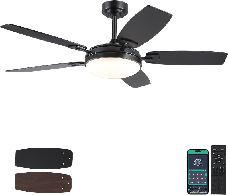 Photo 1 of 51 Inch Ceiling Fans with Lights and Remote,Black Outdoor Ceiling Fans with Dimmable 3 Colors 6 Speeds, Reversible Noiseless DC Motor,Modern LED Ceiling Fans for Living Room Patio Kitchen