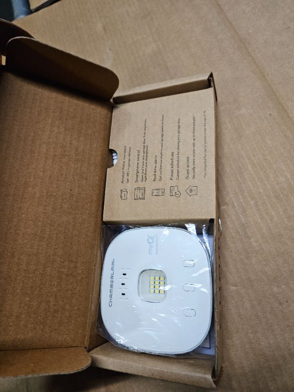 Photo 1 of myQ Chamberlain Smart Garage Control - Wireless Garage Hub and Sensor with Wifi & Bluetooth - Smartphone Controlled, myQ-G0401-ES, White myQ Smart Garage™ Control