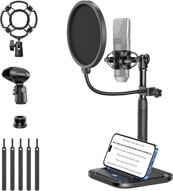 Photo 1 of Desktop Microphone Stand with Phone Holder, 2 in 1 Adjustable Mic Stand Desk with Pop Filter, Shock Mount, Microphone Clip, 3/8" to 5/8" Metal Screw Adapter for Blue Yeti Snowball Ice and Other Mics
