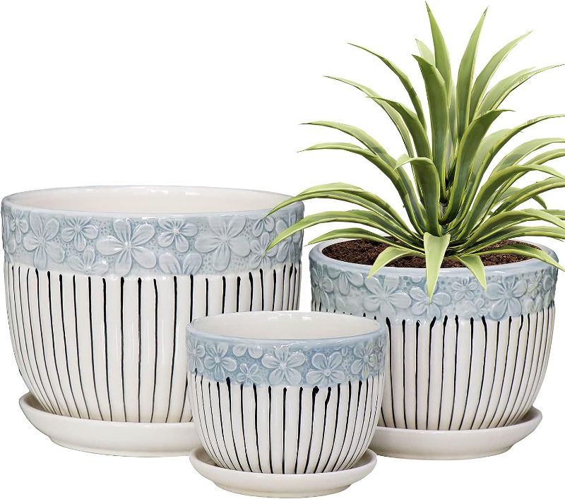 Photo 1 of ***USED****SET OF 2 ONLY*** Ton Sin Grey Flower Pots,Texture Planter for Indoor Plants Set of 3 Ceramic Flower Pots with Saucer,Cute Garden Pots Succulent Pots?2 Pack,Grey
