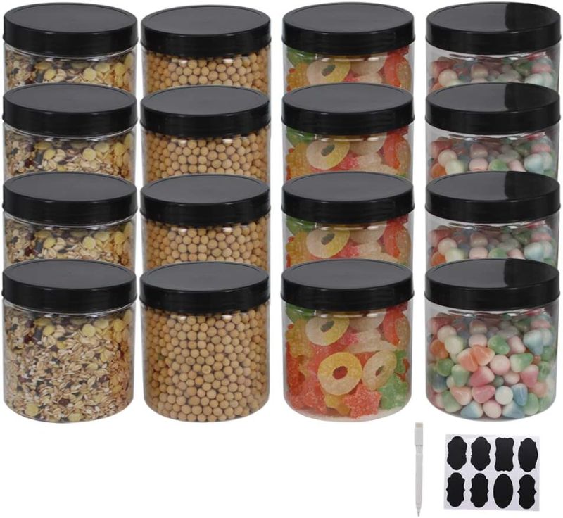 Photo 1 of 12 Pack 16 oz Plastic Jars With Lids, Extra Labels, 1 Pen, Clear PET Seal Jar for Food Storage,Wide Opening Storage jar For Dry Food, Peanut, Powder, Kitchen & Craft Storage
