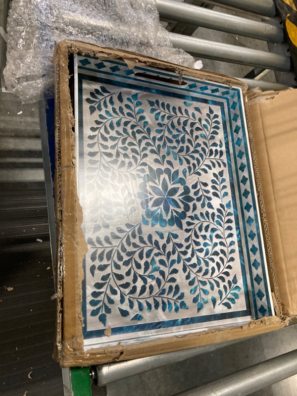 Photo 3 of ****USED** MAONAME Rectangular Decorative Tray, Plastic Serving Tray with Handles, Modern Blue Tray for Ottoman, Coffee Table Tray for Living Room, Home Decor, 15.7" x 11.8" x 1.6" 15.7" x 11.8" Floral Blue