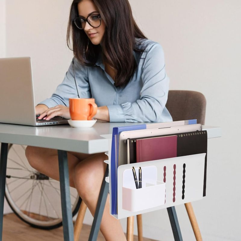 Photo 1 of ****USED** Desk Side Storage Holder, Under Desk Laptop Mount With Magnetic Pen Holder,No Drill Under Desk Cable Management Tray,Steel Hanging Desk Storage for Office Organizer Home School White