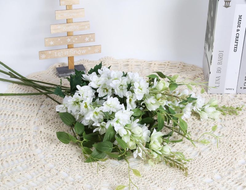 Photo 1 of 8PCS White Artificial Delphinium Flowers with Clematis Greenery Long Stem Flowers 29.5" Larkspur Artificial Flowers for Wedding Centerpieces Silk Flowers for Home Decor Indoor (White)