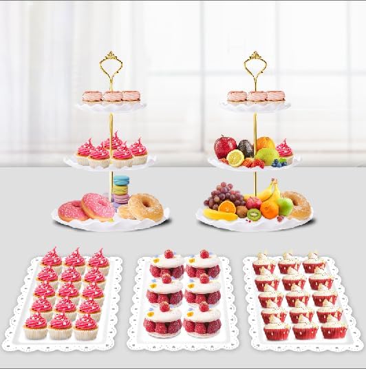 Photo 1 of 5 Pcs Dessert Table Display Set - 2 X Cupcake Stand Holder/Cup Cake Tier Tower & 3 X Serving Tray Combo for Tea Party, Birthday, Baby Shower (Wave Square)