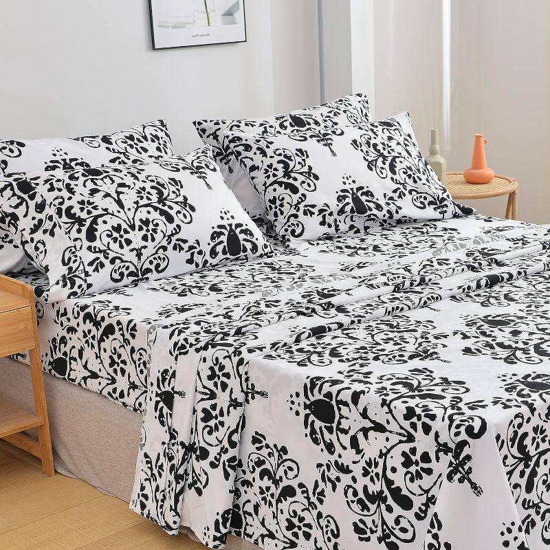 Photo 1 of  Bedding Sheets & Pillowcases Set Brushed Microfiber Wrinkle Free 14 Inches Deep Pocket Patterned Sheets (Queen, Black & White Damask)