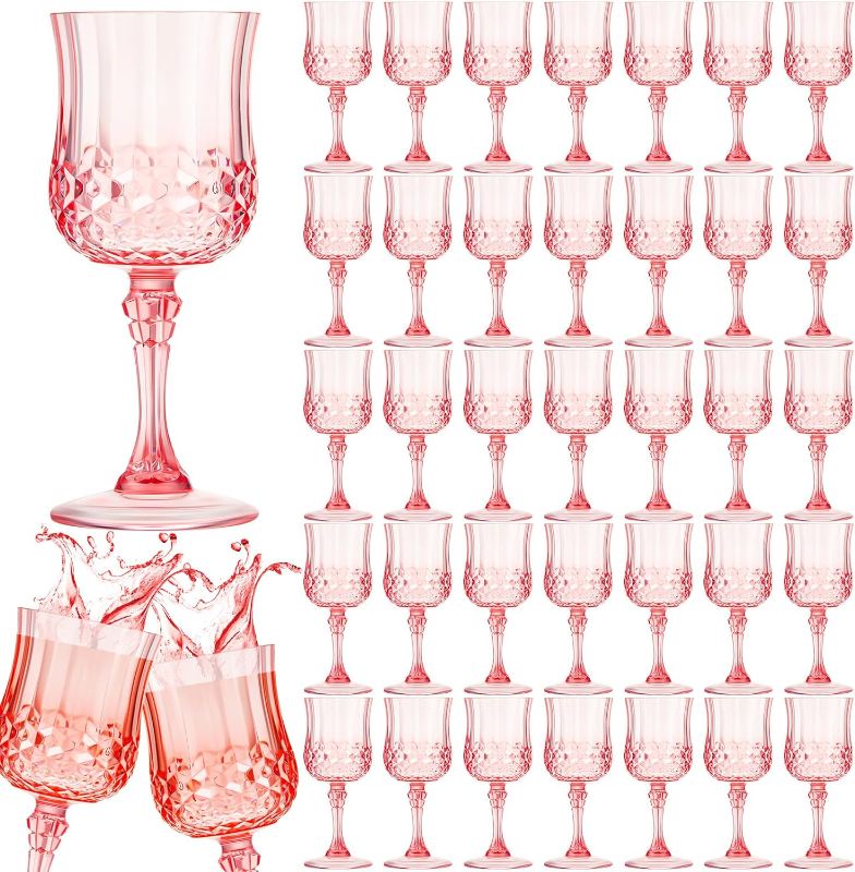 Photo 1 of ***DAMAGED***
 50 Pcs Patterned Plastic Wine Glasses Colorful Goblet Champagne Flute Glasses Vintage Style Dishwasher Safe Drinking Glasses for Wedding, Reception, Grand Event Party Supplies (Pink)