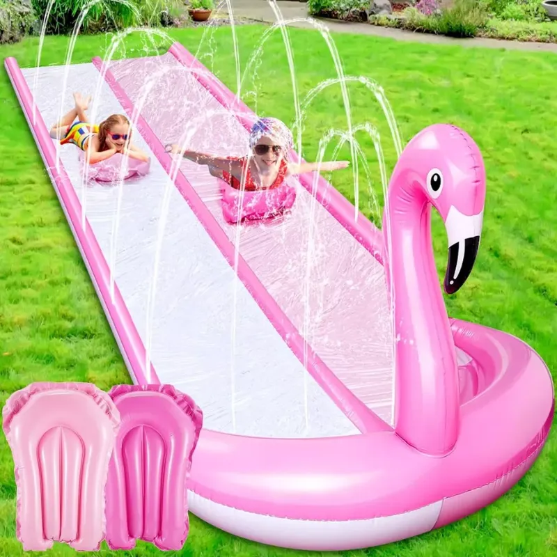 Photo 1 of 20ft 3D Flamingo Slip Water Slide Double Lane Lawn Water Slides 3 Sided Safe Fence Inflatable Slide with 2 Bodyboards and Sprinkler Heavy Duty Water Slide for Boy Girl Outdoor Backyard Play