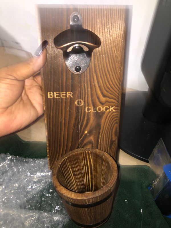 Photo 4 of “Beer O’ Clock” Rustic Wall Mounted Bottle Opener and Catcher - Dark Stain Pine with Zinc Alloy Opener - Removable Wooden Bucket - Man (or Woman) Cave Ready