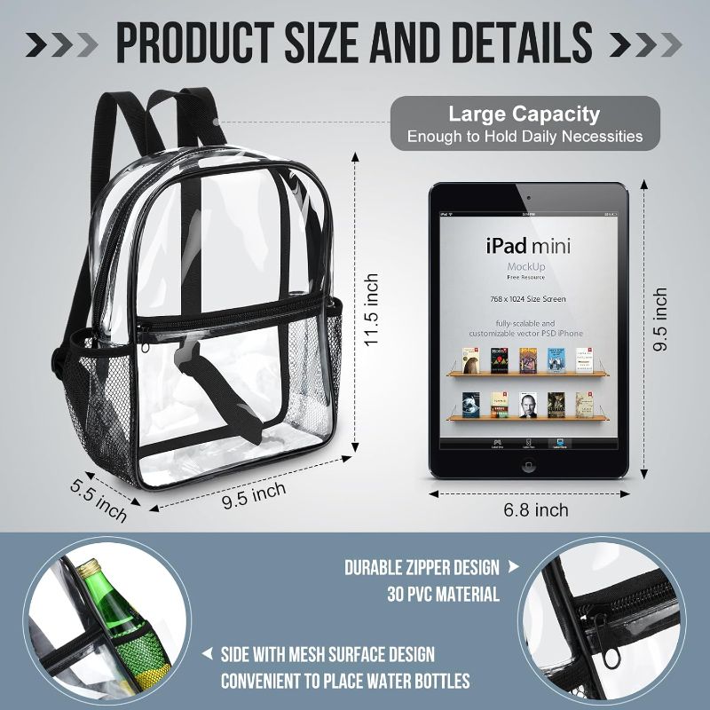 Photo 1 of  Clear Backpack 11.4 x 9.5 x 5.1 Inch Bag Stadium Approved Plastic Transparent Backpack with 2 Water Holders(Black)