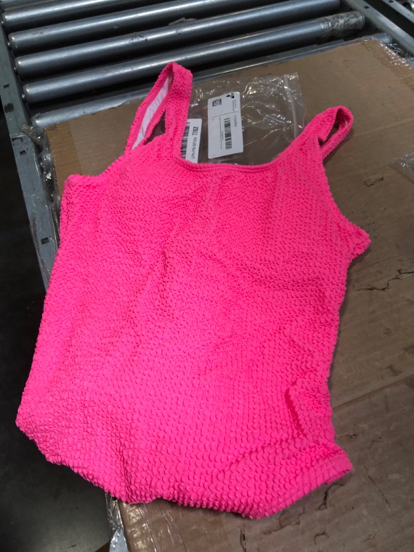 Photo 3 of ****USED*** Women One Piece Swimsuit Solid Ribbed Monokini Swimwear Scoop Neck Low Back Bathing Suit Small Hot Pink