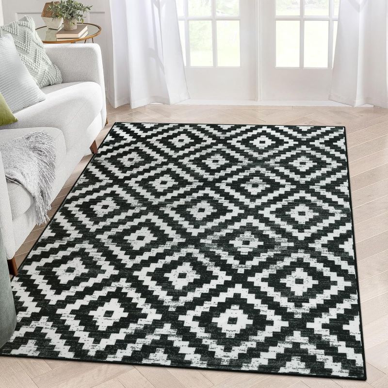 Photo 1 of  Area Rug 5x7 Area Rugs Black and White Large Rug for Living Room Washable Bedroom Rugs, Moroccan Boho Trellis Low Pile Stain Resistant Indoor Printed Floor Carpet for Dining Table Home Office