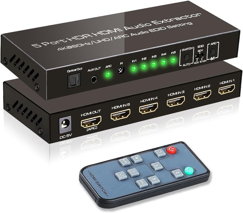 Photo 1 of (Upgraded) SkycropHD 5 Port 4K@60Hz HDMI Switch with Optical & 3.5mm AUX Audio Out, 5 in 1 Out HDMI 2.0 Switch Audio Extractor with Remote,Support ARC, HDCP 2.2, HDR10, 18Gbps
