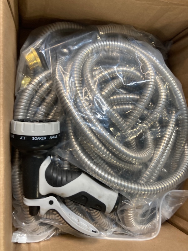 Photo 2 of ****USED*** Garden Hose 50ft, Metal Water Hose with 10 Function Nozzle - Flexible Metal Garden Hose, Kink Free, Lightweight and Sturdy Water Hose, Metal Hose for Yard, 3/4" Fittings Metal Hose