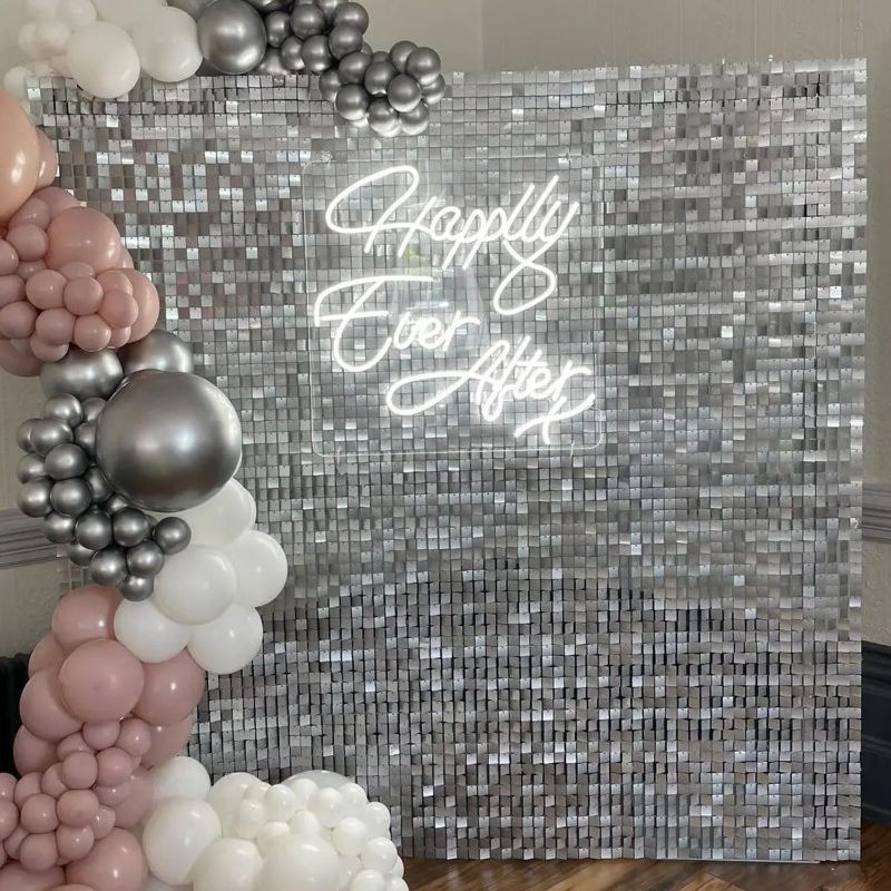 Photo 1 of 24Pcs Silver Shimmer Wall Panels Backdrop Decoration, 12 * 12 inch Sequin Square Shimmer Decor for Balloon Garland Arch Kit Valentine's Day Birthday Party Supplies