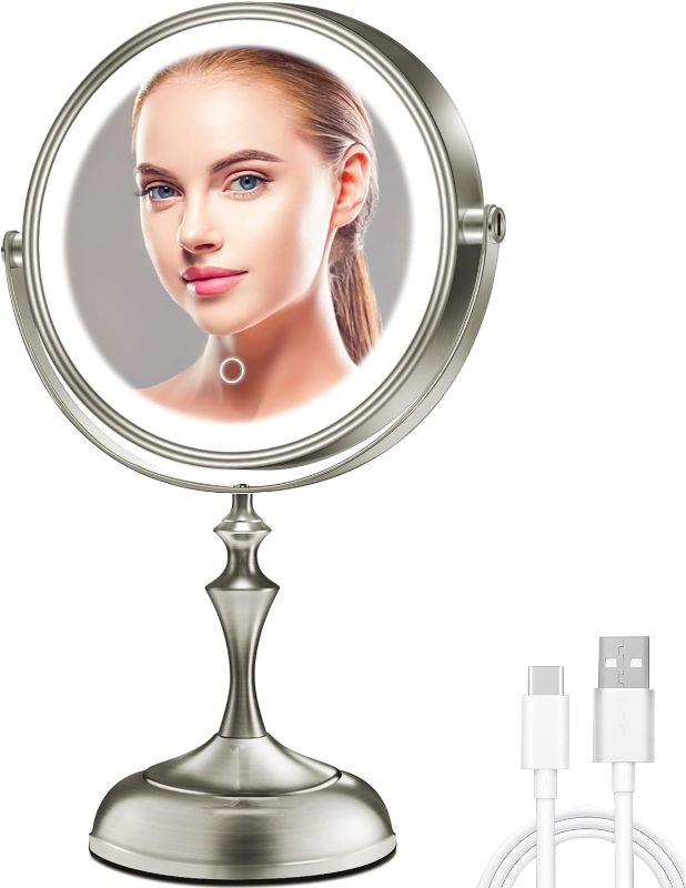 Photo 1 of 9" Large Lighted Makeup Mirror, 3000mAh Rechargeable Double Sided Vanity Mirror with 3 Color Lights, 1X/10X Magnifying Desk Mirror with 360° Rotation & Touch Screen (Nickel, Round)