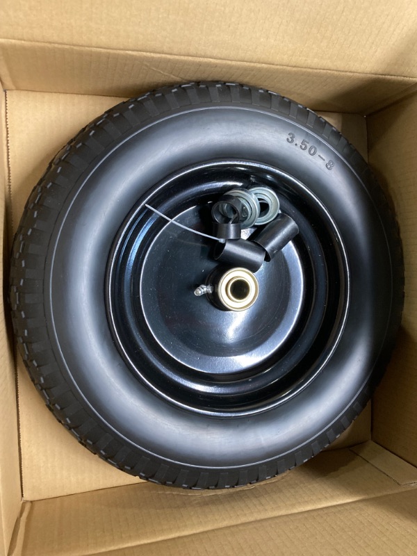 Photo 2 of 14.5" Wheelbarrow Tire, 3.50-8" Flat-free Solid Tire and Wheel with 5/8" Axle Bore Hole, 3-6" Centered Hub for Wheelbarrow Trolley Dolly Lawn Mover Go Kart Replacement