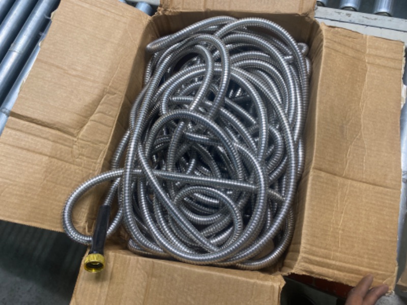 Photo 3 of ****USED***Missing nozzle and damaged area with loose steel braiding** Bionic Steel Pro 25 FT Garden Hose with Nozzle, 304 Stainless Steel Metal Water Hose 25Ft, Flexible Hose, Kink Free, Lightweight and Durable, Crush Resistant Fitting, Easy to Coil, 500