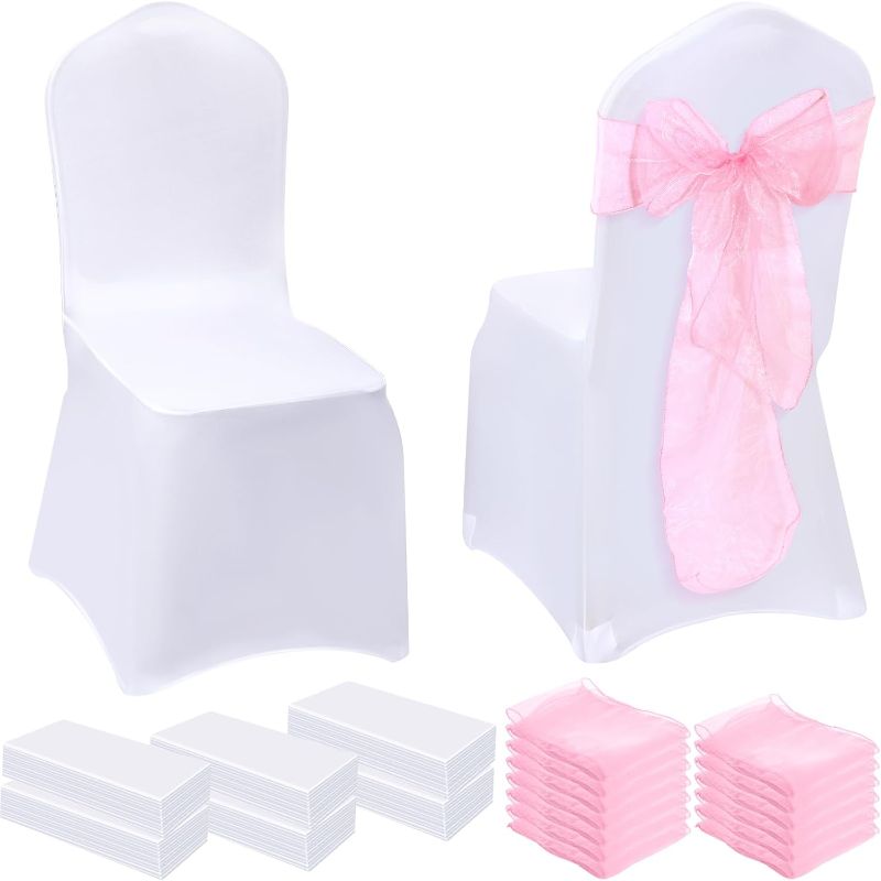 Photo 1 of 100 Pcs Chair Covers Stretch 50 Spandex Chair Covers and 50 Sashes Set Chair Bows Sashes Tie for Wedding Banquet Dining Kitchen Party Table Reception Decorations(Pink)
