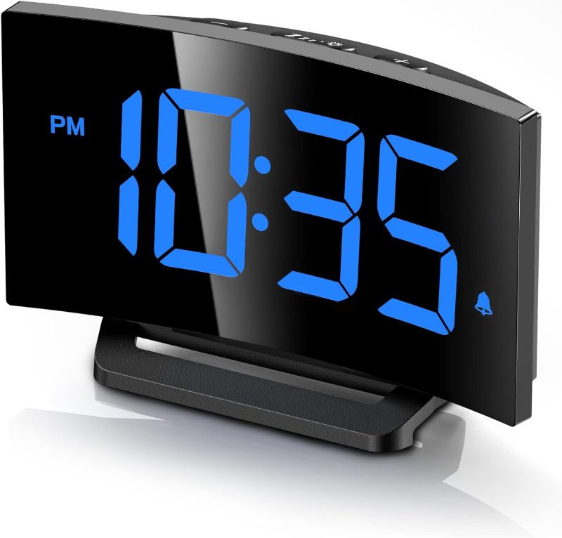 Photo 1 of  Digital Alarm Clock for Bedrooms, Digital Clock with Modern Curved Design, Conspicuous Blue LED Numbers, 5 Levels Brightness+Off, 2 Volume, 3 Alarm Tones, Snooze, Power-Off Memory, 12/24H