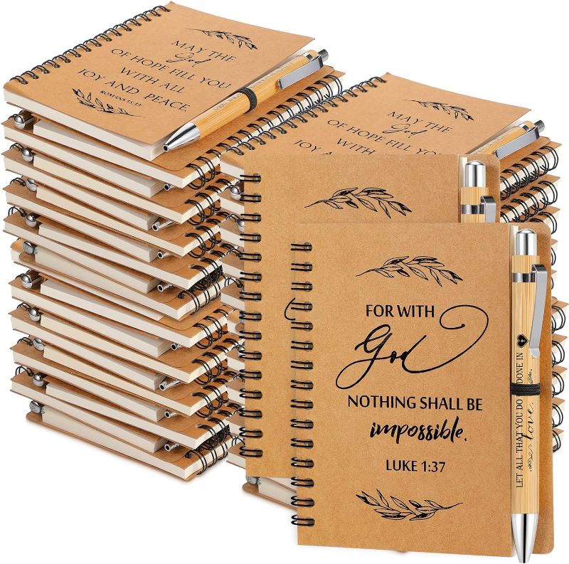 Photo 1 of 100 Pcs/ 50 Set Christian Gifts Bulk Include Spiral Notebook and Bible Ballpoint Pen Prayer Journal Religious Party Favor God Scripture Notepad for Women Sunday School Church Visitor