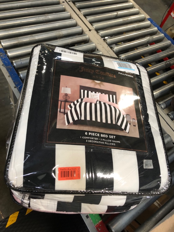 Photo 2 of ***USED**Juicy Couture Cabana Stripe Reversible Bedding Set - Queen Size - Black and White Stripe Print – 6 Piece Set – Includes 1 90" x 90" Comforter, 3 Decorative Pillows, 2 Shams
