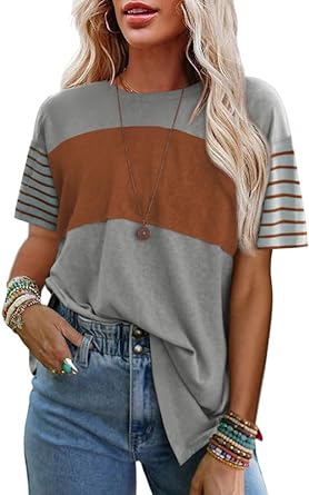 Photo 1 of (L) SHEWIN Womens Casual Short Sleeve Shirts Loose Crewneck Color Block Tshirts Tops
