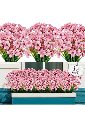 Photo 1 of (2 PACK) 8 Bundles Artificial Flowers Outdoor UV Resistant Faux Flowers No Fade Fake Plastic Plants Garden Porch Window Box Decorating, Pink
