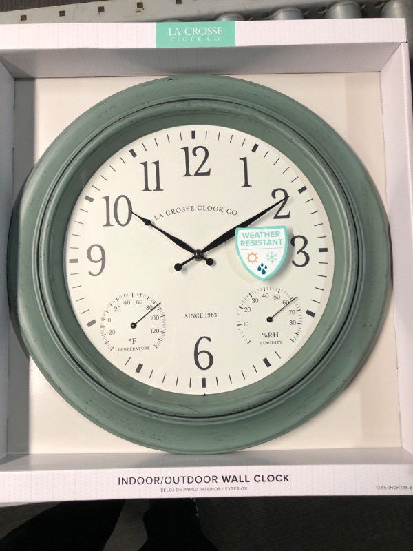 Photo 2 of ***CASE OF THREE*** La Crosse Clock 433-3846 18 in. Indoor/Outdoor Sage Green Quartz Wall Clock with Temperature & Humidity