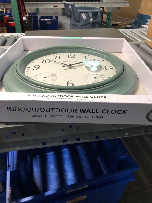 Photo 3 of ***CASE OF THREE*** La Crosse Clock 433-3846 18 in. Indoor/Outdoor Sage Green Quartz Wall Clock with Temperature & Humidity