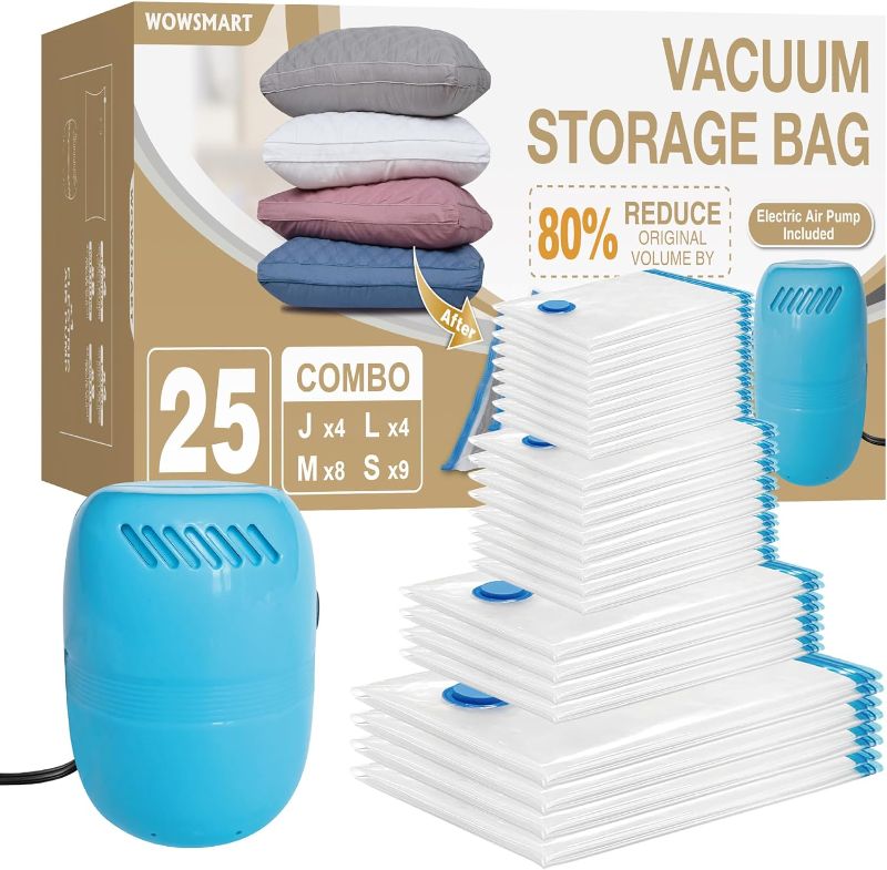 Photo 1 of 25 Vacuum Storage Bags with Electric Pump, Vacuum Sealed Storage Bags (4Jumbo/4Large/8Medium/9Small), Space Saver Vacuum Seal Bags for Clothing, Comforters, Pillows, Towel, Blanket Storage, Bedding
