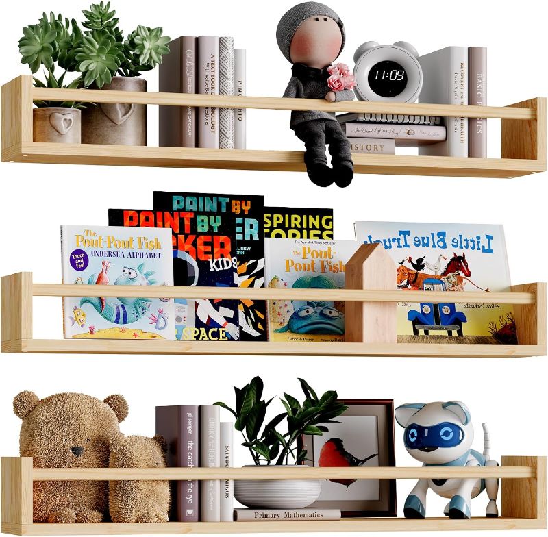 Photo 1 of (READ FULL POST) Fixwal Nursery Book Shelves, 23.6 Inch Floating Bookshelves for Wall Set of 3, Baby Nursery Decor, Solid Wood Wall Mounted Shelves for Books, Toys and Decor Storage (Natural Wood)
