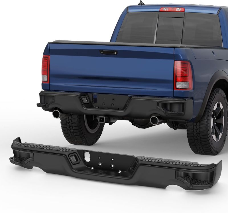 Photo 1 of **DAMAGE** Black Rear Bumper Assembly +Step Pads Compatible for 2009-18 Dodge Ram 1500/2019-2023 Ram 1500 Classic no Parking Holes/w/Dual Exh Holes Steel Back Bumpers *Cracked, see photos*
