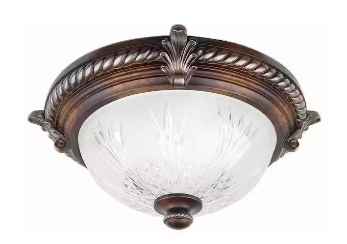 Photo 1 of (HEAVILY USED/ SEE NOTES)***STOCK PHOTO REFERENCE ONLY*** Bercello Estates 15 in. 2-Light Volterra Bronze Flush Mount with Etched Glass Shade
