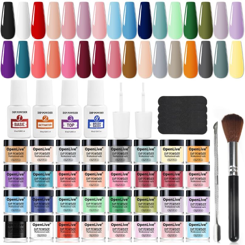 Photo 1 of ***STOCK PHOTO REFERENCE ONLY NON REFUNDABLE***32 Color Dip Nail Powder Starter Kit 36 Bottle Blue Cheese Yellow Nail Dip Powder Kit with Base Top Coat Activator Dip Powder Kit for French Nail Art Manicure DIY Salon
