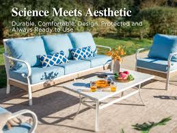 Photo 1 of ***STOCK PHOTO REFERENCE ONLY** *ITEM DOES NOT COME WITH CHAIRS, TABLE, AND COVERS***
White 4-Piece Metal Outdoor Patio Conversation Seating Set with Marbling Coffee Table and blue Cushions
