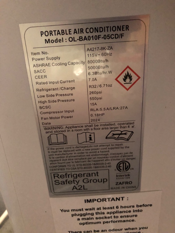 Photo 7 of ***USED - DAMAGED - SEE COMMENTS***
ZAFRO 8,000 BTU Portable Air Conditioners (2024 Upgraded) Cool Up to 350 Sq.Ft, Portable AC with Cool/Dehumidifier/Fan/Sleep Modes, Remote, 24Hrs Timer, Installation Kits for Home/Office/Dorms, White White - 8,000 BTU 1