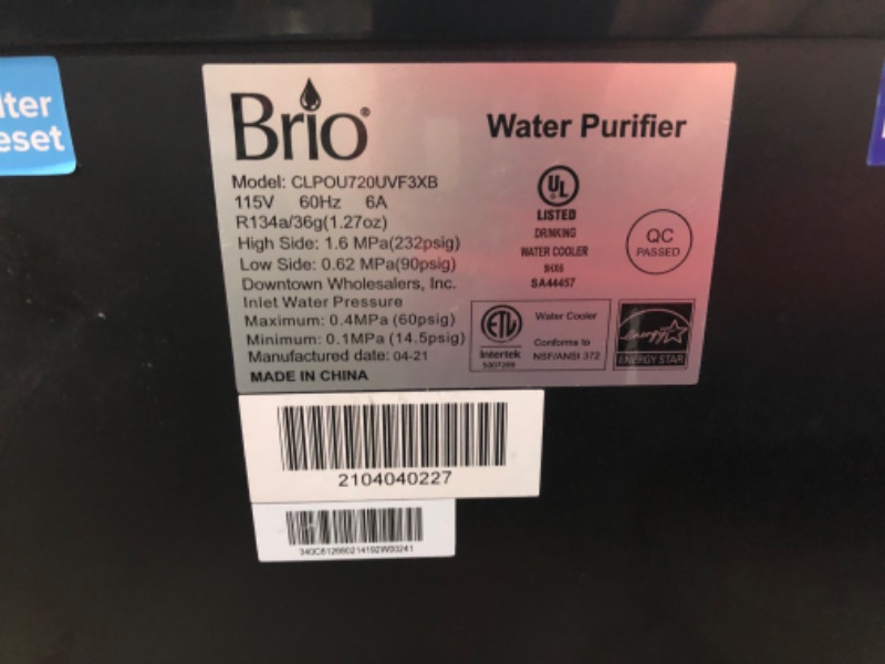 Photo 3 of ***NONREFUNDABLE - THIS SALE FINAL -  PARTS ONLY - SEE COMMENTS***
Brio Moderna UV Self Cleaning Bottleless Water Cooler Dispenser with Filtration – Adjustable Temperature – Digital Clock – LED Nightlight – Tri Temp Hot, Cold, and Room, Black Stainless St