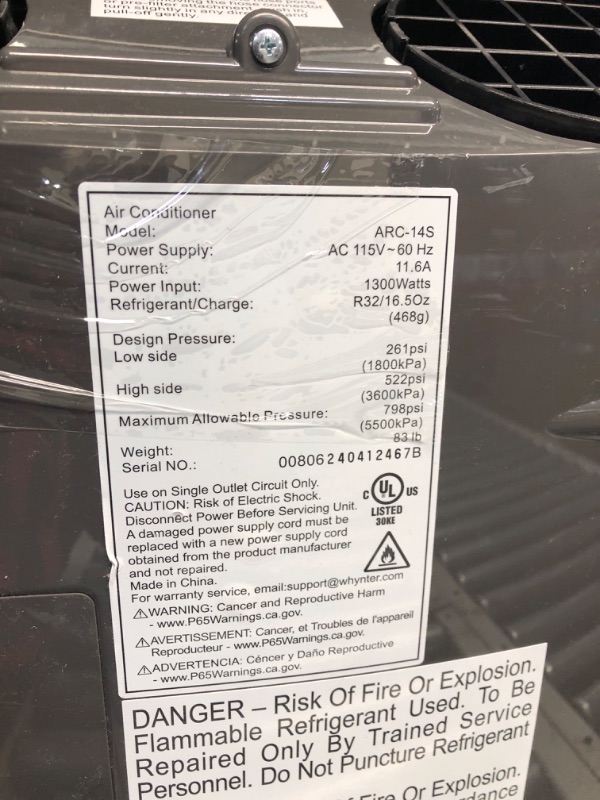 Photo 4 of ***DAMAGE / PARTS ONLY*** Whynter Portable Air Conditioner 14,000 BTU with Dual Hose Dehumidifier & Cooling Fan for 500 Sq Ft Rooms, Includes AC Unit Window Kit, ARC-14S (9,500 BTU SACC) *Front cracked*
