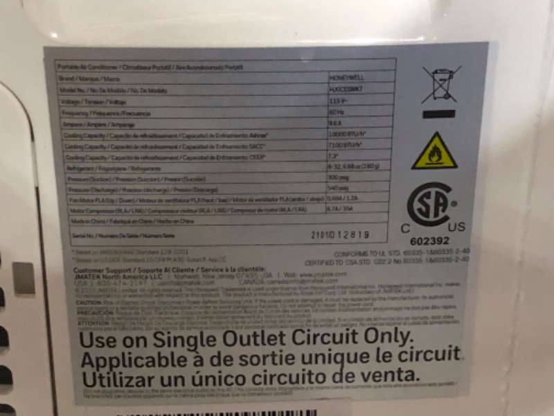 Photo 1 of ***USED - UNTESTED - NO PACKAGING - SEE COMMENTS***
Honeywell 10,000 BTU Portable Air Conditioner for Bedroom, Living Room, Office, Kitchen, 115V, Cools Up To 450 Sq. Ft. with Remote Control, Dehumidifier and Fan, 24-hour Timer, White