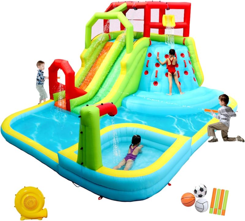 Photo 1 of ***USED - LIKELY MISSING PARTS - UNABLE TO VERIFY FUNCTIONALITY***
Inflatable Water Slide Park with Splash Pool Climb The Wall, 3 Inflatable Sport Balls and 4 Water Guns, Water Slide with Air Blower
