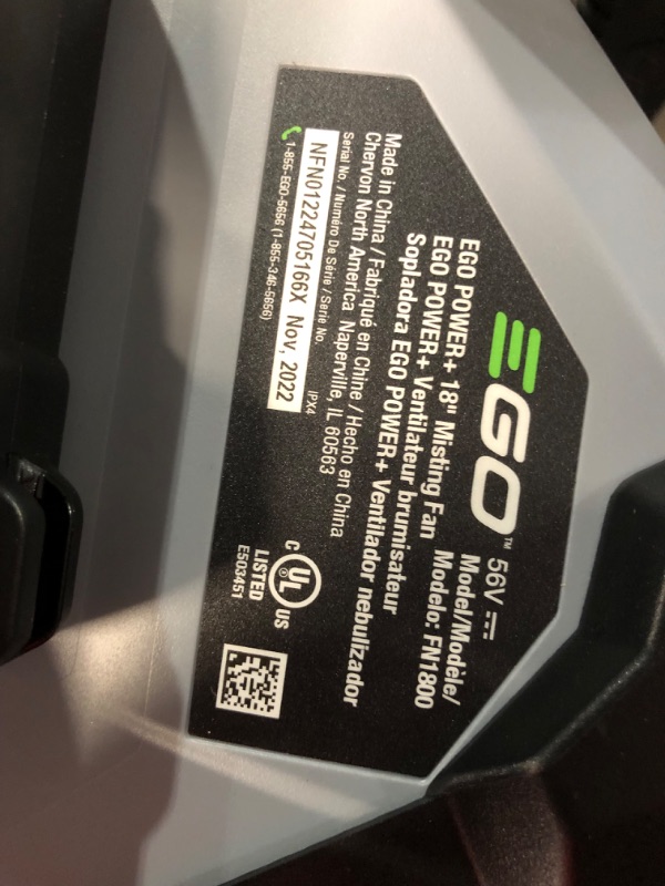 Photo 5 of ***USED - NO BATTERY OR CHARGER - UNABLE TO TEST - OTHER PARTS LIKELY MISSING AS WELL***
EGO Power+ FN1800 18-Inch 5 Speed 20MPH Portable Misting Fan, Battery and Charger Not Included, Black EGO 18" Misting Fan Bare Tool